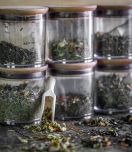 Tea organizer ideas with jars of tea