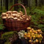 Fresh mushrooms in a basket in the wood