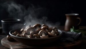 Steamed mushrooms with steam coming up from mushrooms
