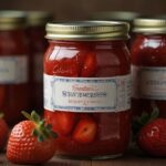 Canned strawberries in a jar next to whole strawberries