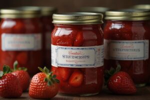 Canned strawberries in a jar next to whole strawberries