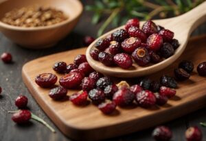 Unsweetened dried cranberries in a wooden spoon