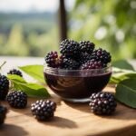 Fresh elderberries in bowl with loose berries and leaves surrounding