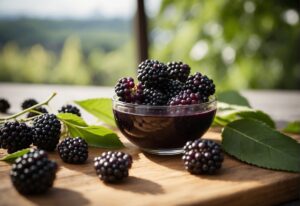 Fresh elderberries in bowl with loose berries and leaves surrounding