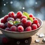 Frozen raspberries in a bowl with a few green leaves