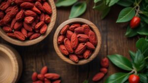 What do goji berries taste like? with two wooden bowls of berries by leaves
