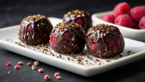 Chocolate covered raspberries on a white plate