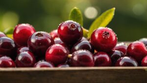 Cranberries fresh on a board outside with green background